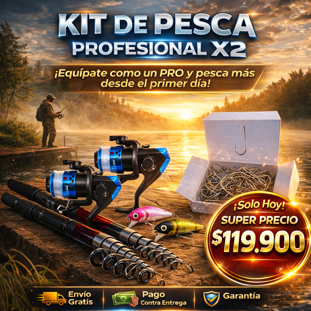 Kit x2 cañas + 2 señuelos + caja de anzuelos