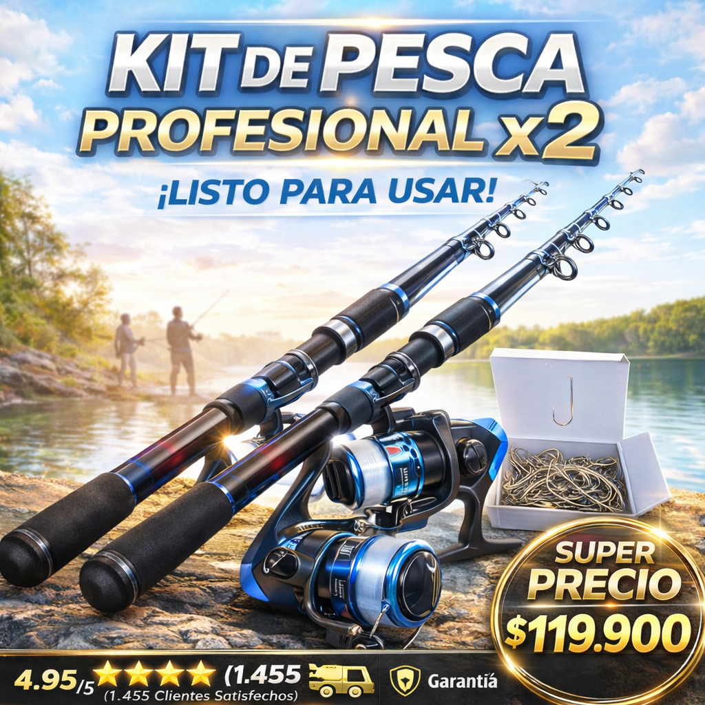 Kit x2 cañas + 2 señuelos + caja de anzuelos