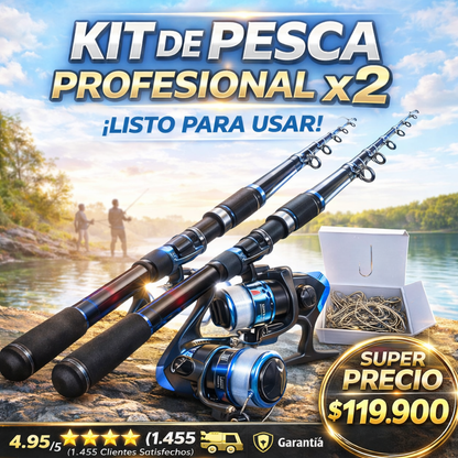 Kit x2 cañas + 2 señuelos + caja de anzuelos